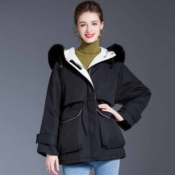 

2020 winter jacket women natural big real fox fur collar hooded white duck downparkas warm loose casual thick coat c1204, Black