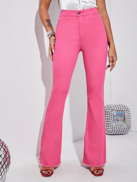 

high waist raw hem flare leg jeans 43vn#, Blue