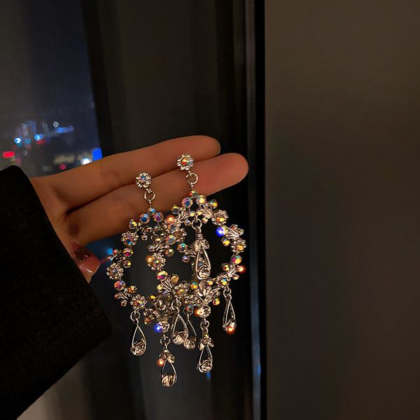 

925 silver needle european and american hollow water drop big earrings female temperament tassel long personality earrings