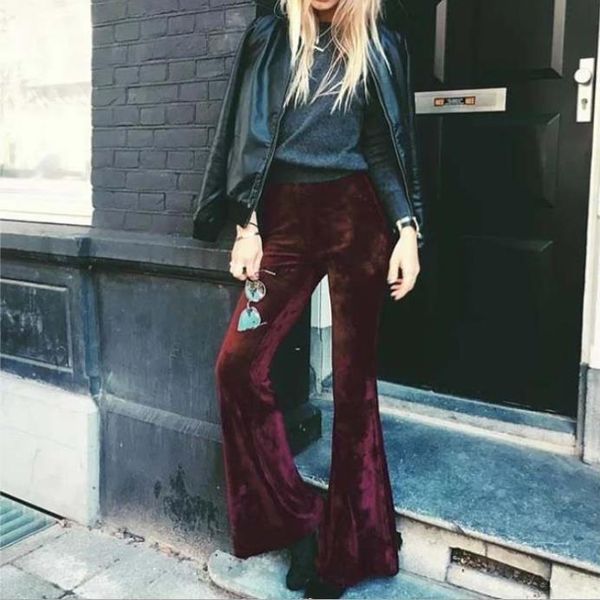 

2018 fashion velvet pants women autumn winter flare pants high waist trousers street style pants bottoms women flare, Black;white