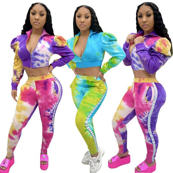 

k9646 new sports suit print tie dye gradient long bubble sleeve set, Gray