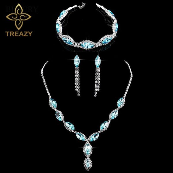 

treazy charm sky blue crystal bridal jewelry set silver plated floral necklace earrings bracelet for women wedding jewelry sets