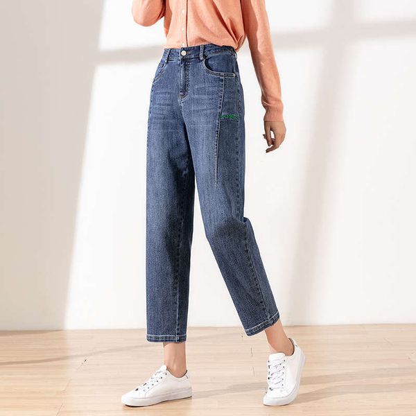 

women's harlem autumn new embroidered dad jeans high waist nine point show thin radish pants trend, Blue
