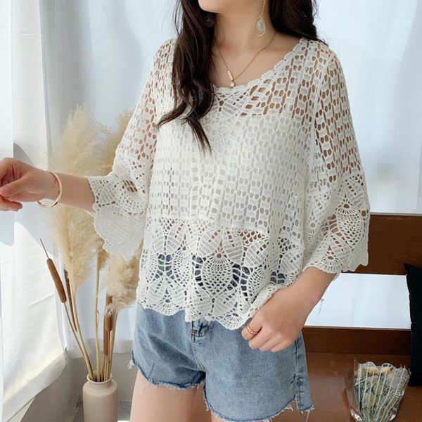 

korean knitted white lace blouse shirt women summer hollow out crochet brief vintage blouse for women shirt 20201