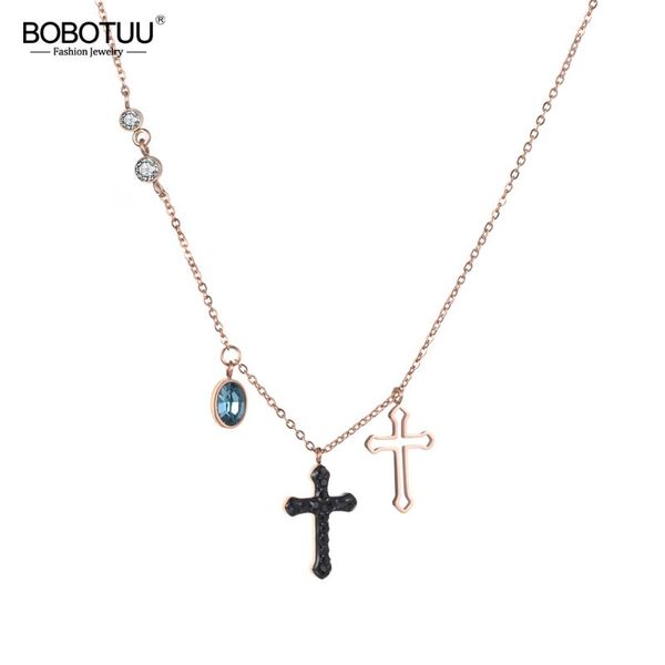 

pendant necklaces bobotuu stainless steel jewelry hollow out & black crystals corss necklace rose gold color chain year gift bn18271, Silver
