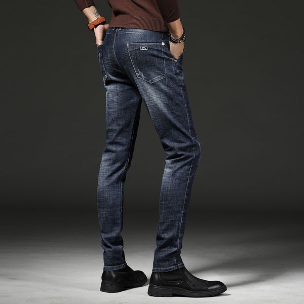 

homme 2021 winter fashion mid-rise ripped for men's solid color slim casual business men jeans pants, Blue