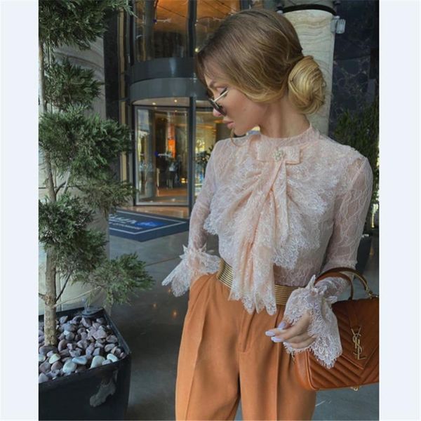 

2020 autumn women's long sleeve tie neck lace ladies multi-layer formal blouse fashion elegant clothes outfits1, White