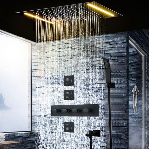 

electricity power led showerheads 304 sus black finish showers valve 4 inches massage jets big rainfall shower set system shower head