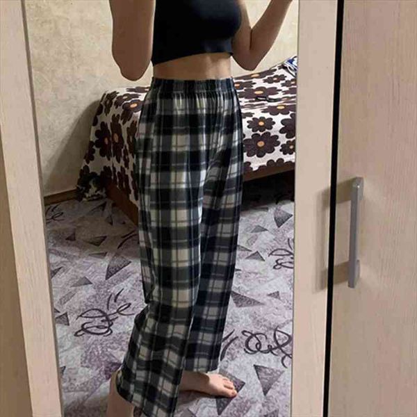 

chic women plaid pants high waist super wild teens trendy trouser harajuku student full-length bottoms streetwear wide leg pants, Black;white