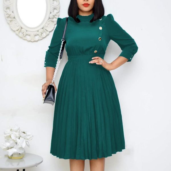 

women pleated dress high waist with button modest office ladies fashion vestidos elegant classy work wear knee length large size, Black;gray