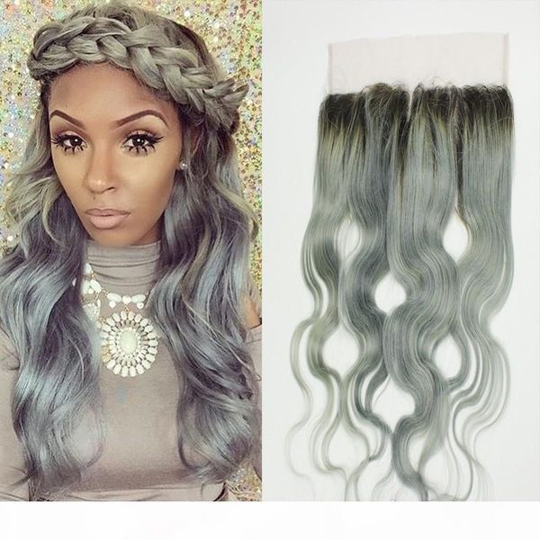 

indian virgin hair ombre 13x4 lace frontal closure bleached knots body wave #1b grey dark roots two tone full lace frontals silver grey, Black;brown