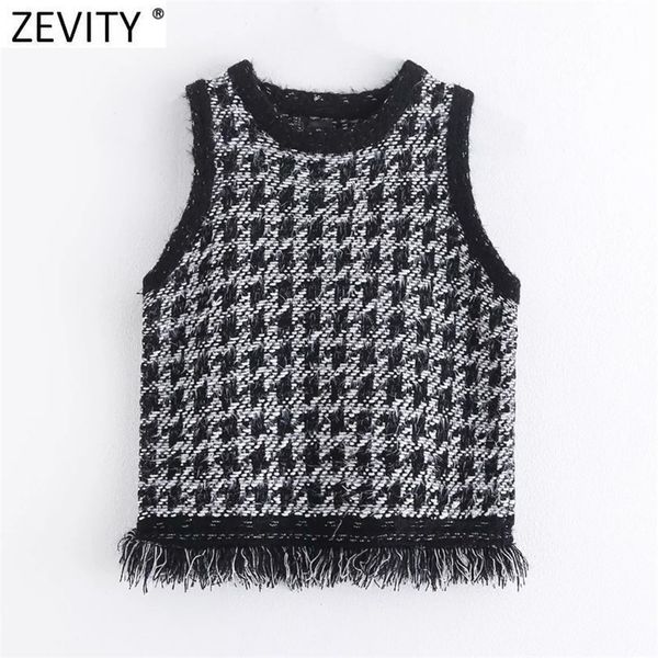 

zevity women vintage o neck sleeveless tweed woolen vest sweater lady chic houndstooth hem tassel waistcoat pullovers s507 201130, White;black