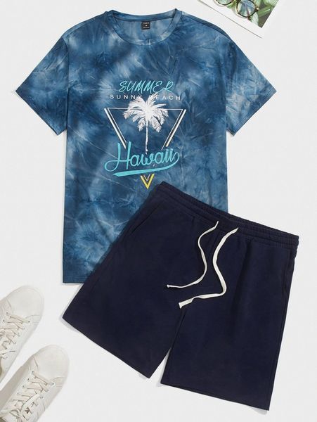 

men letter & tie dye tee & shorts set i3yw#, Gray