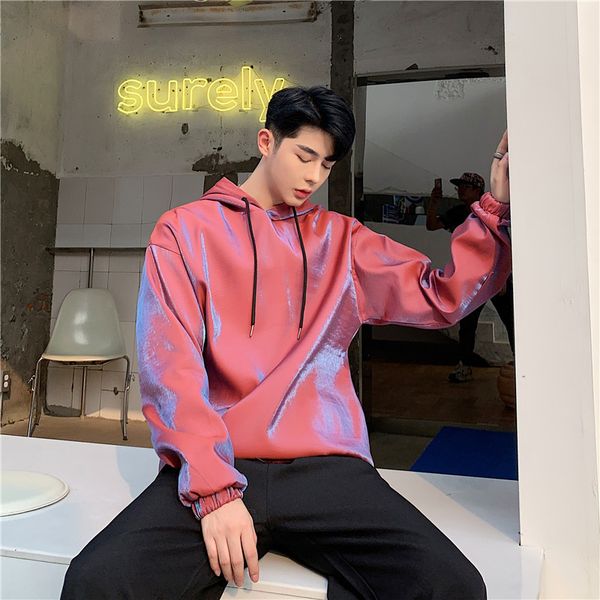 

men autumn loose casual bright shining hooded sweatshirt male women streetwear hip hop punk stage pullover hoodie outerwear c1118, Black;white