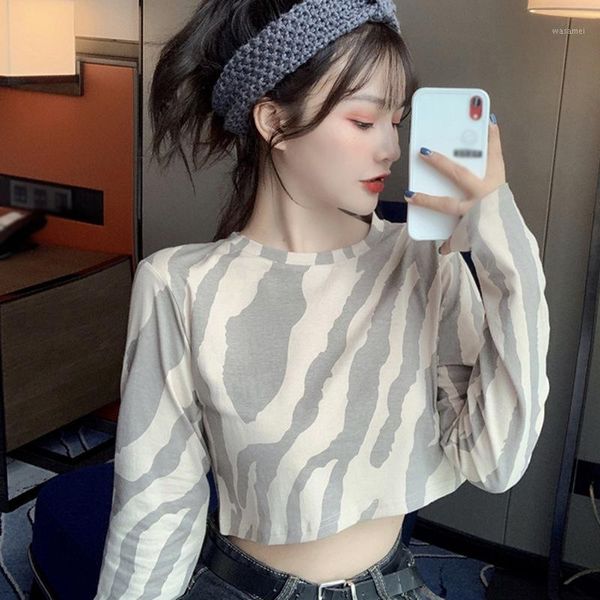 

stylish zebra print long-sleeved women's t-shirts spring and autumn loose high waist short, White