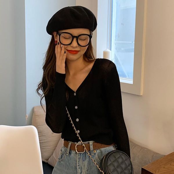 

women casual long sleeve shirts summer v-neck cardigan loose knitwear, White