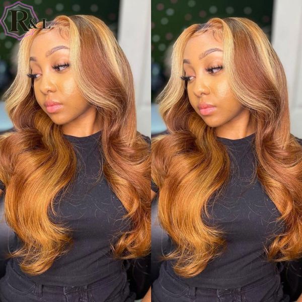 

lace wigs rulinda highlight ombre color brazilian front human hair with baby body wave remy t-part, Black;brown