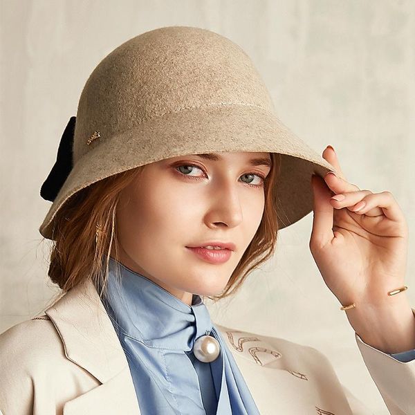 

wide brim hats autumn and winter wool hat han lady casual fork big butterfly decoration basin woman, Blue;gray
