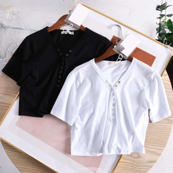 

v-neck fashion style niche open blogger navel short sleeve t-shirt women's huansha clothing, Black;gray