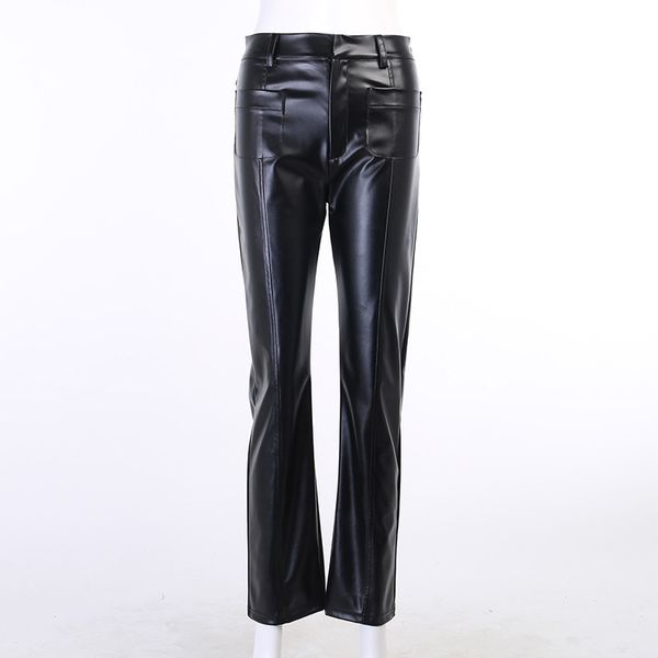 

fashion women autumn faux leather straight pants luxurious vintage leisure pu loose office lady slim trousers, Black;white
