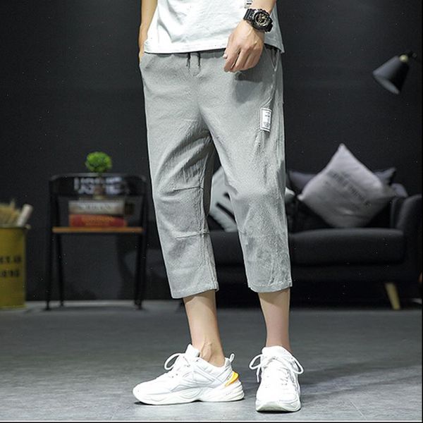 

summer cotton linen capri pants men thin loose trousers elastic waist, Black