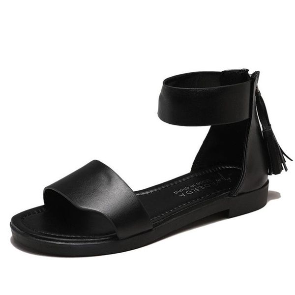 

spring and summer women's shoes casual flat shoes antiskid sandals flat sandals fringed zipper women's open toe, Black
