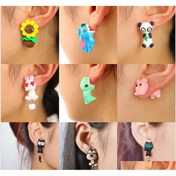 

cute 3d animal handmade soft rabbit dinosaur dog cat fox pottery earrings stud earring christmas birthday party jewelry gift for girls xnvs, Silver