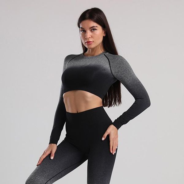 

yoga outfits 2pcs set women long sleeve crop and high waisted tummy control sport leggings gym clothing seamless suit, White;red