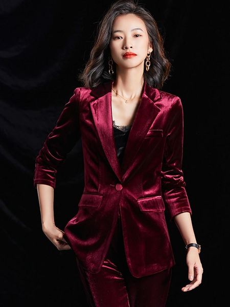 

velvet elegant wine women business suits with pants and jackets coat autumn winter styles pantsuits blazers set, White