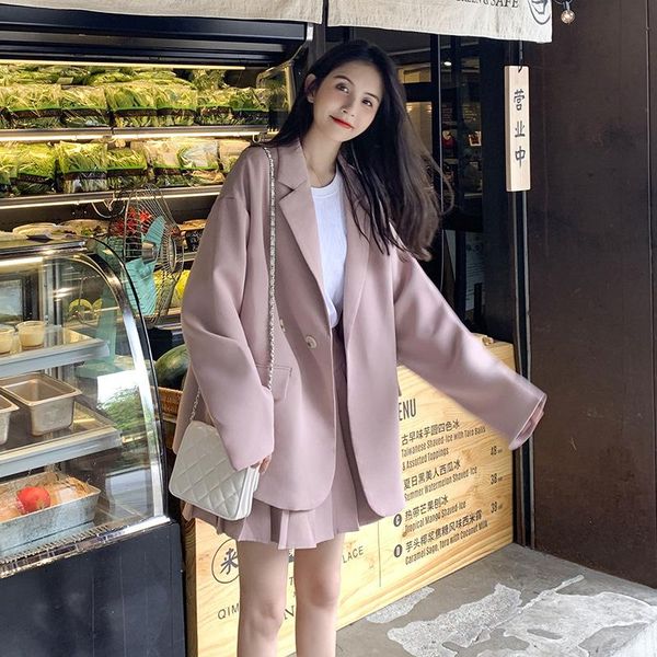 

two piece dress s spring and autumn net red small suit coat women's casual loose retro temperament pleated skirt shorts set, White