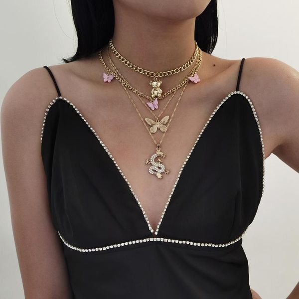 

chokers 2021 trendy golden long multilayer link chain necklace luxury bear butterfly pendant charm choker for women gift, Golden;silver