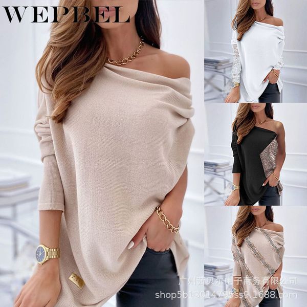 

women autumn spring long knitted sweatshirt casual ladies long sleeve off shoulder loose seater pullover shirt q1210, White;black