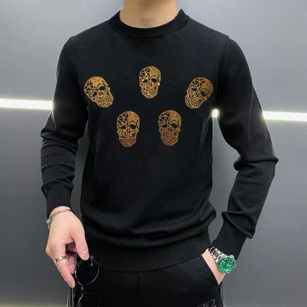 

2020 new men's sweater autumn and winter fashion skull couple o-neck rhinestone slim top, White;black