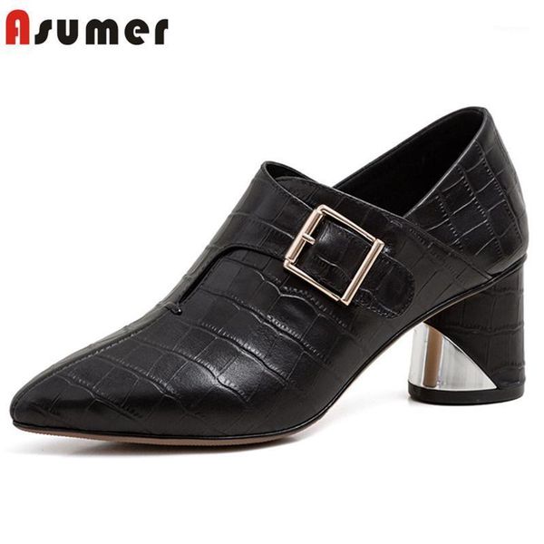 

asumer 2020 new arrive women pumps genuine leather single shoes pointed toe buckle spring summer classic dress shoes woman1, Black