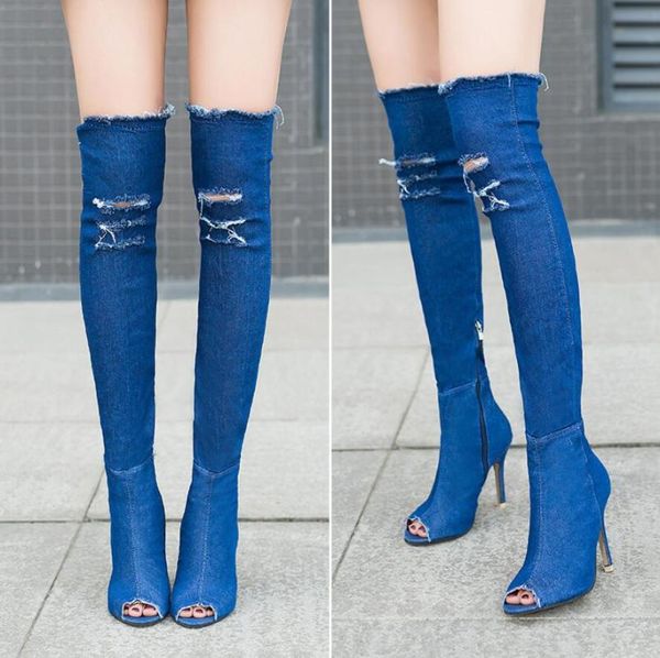 

женщина над коленными сапогами высокие каблуки женские peep toe длинные сапоги женщины мода ковбойские обувь дамы разорванные джинсовые обув, Black