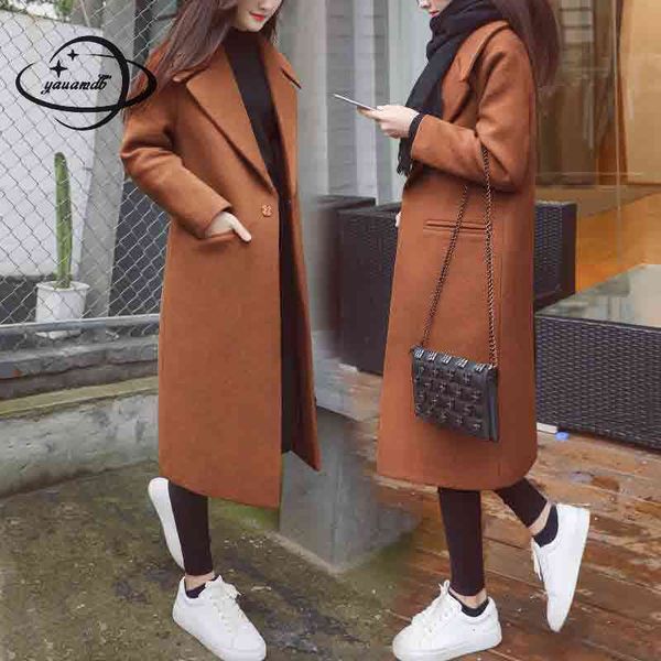 

wool women's & blends women spring sutumn female en coat turn-down collar jacket solid pocket slim long outwear trench coats n1m6, Black
