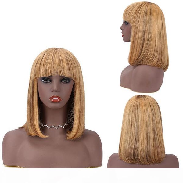 

highlight 4 27 brown blonde bob wigs with bangs full pixie cut brazilian remy straight front non lace human hair short wig for black women, Black;brown