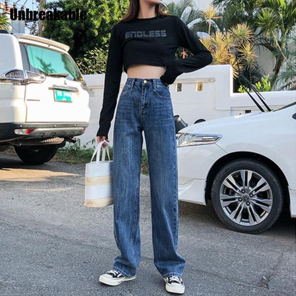 

2020 autumn full length vintage high waisted jeans washed softener high waist woman jeans wide legs pants1, Blue