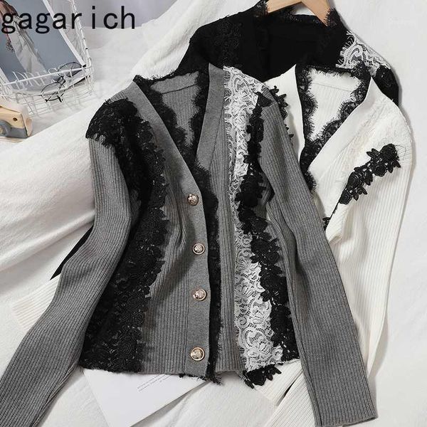 

gagarich women sweater autumn fashion stitching contrast color lace slimming knitted korean style all-match v-neck cardigan 1, White