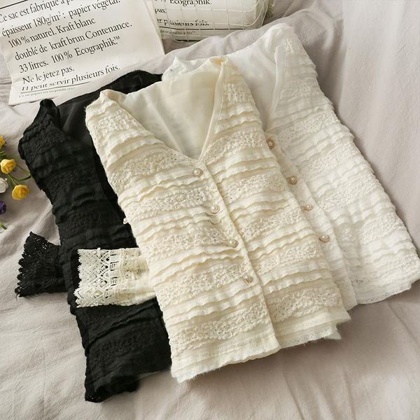 

autumn single-breasted v-neck cardigan long-sleeved lace shirt women's new bottoming shirt 1012, Black;brown