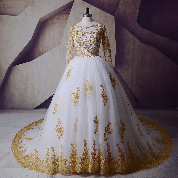 

real picture gold a line wedding dresses sequins applique long sleeves vestidos de novia beach custom made sweep train chic bridal gowns, White