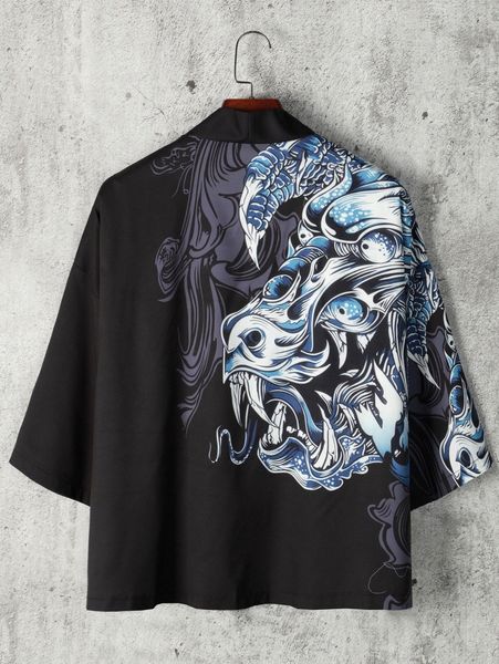 

men chinese dragon graphic drop shoulder open front kimono without tee c9jc#, White;black