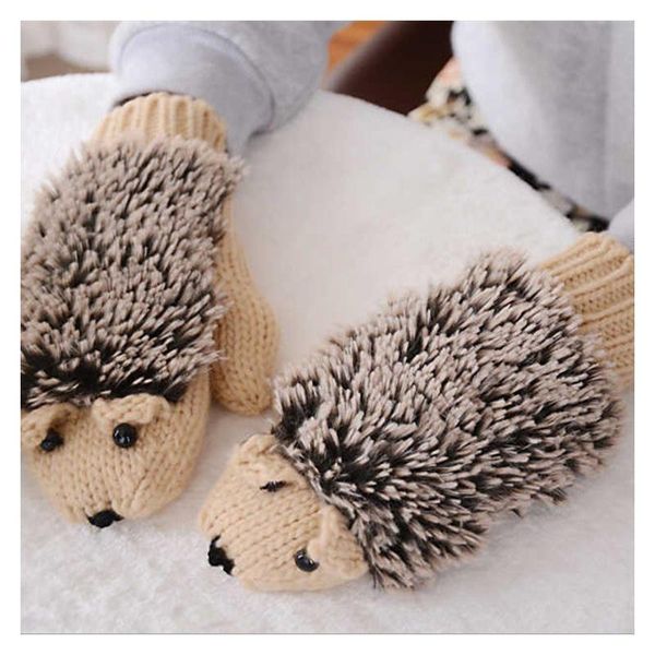 

five fingers gloves 1pair women knit warm fitness hedgehog heated villus wrist mittens cute, Blue;gray