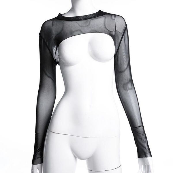 

new woman mesh t-shirt women's casual long sleeve black short crops new fashion sheer transparent o neck t-shirt, White