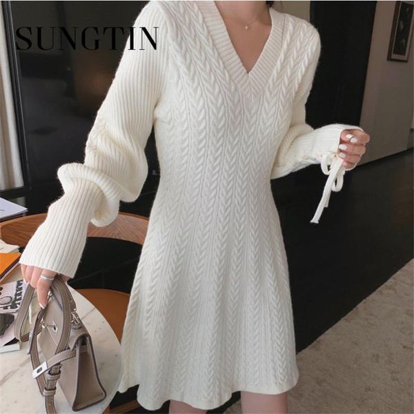 

sungtin twist sweater dress women winter loose v neck lace up knitted dress female lantern sleeve vintage oversize faldas mujer, Black;gray