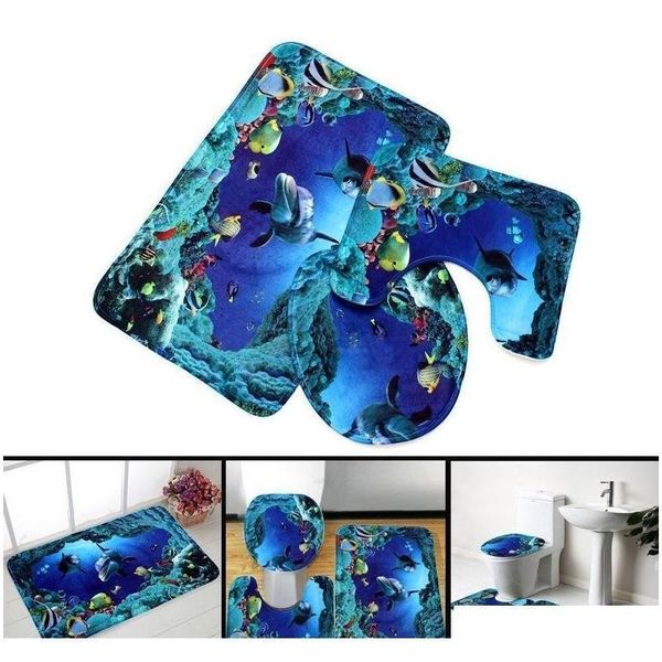 

3 pcs/set 50*80*0.8cm bathroom flannel non-slip underwater world blue shark pedestal rug + lid toilet cover + bath mat floor carpet b0u7a