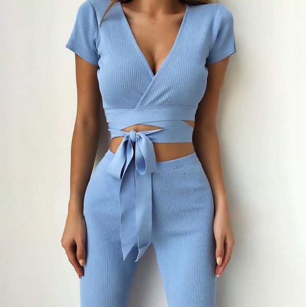 

women's two piece pants women's casual set deep v-neck short sleeve strap cropped slim flare street hipsters clothing1, White
