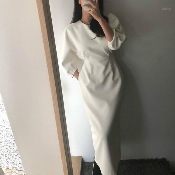 

elegant simple women package hip dress 2020 autumn winter solid slim fit high waist female long dress skinny1, Black;gray