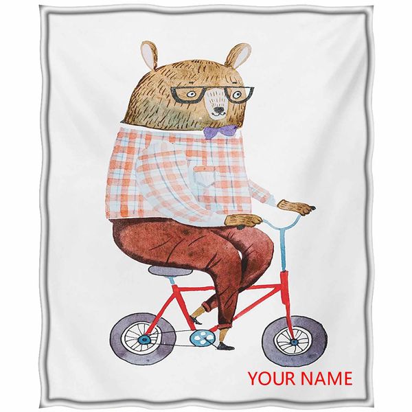 

funny flannel blankets, cartoon bear dressed up in hipster clothes riding a bike watercolor urban character diy blanket, perfect for warmer