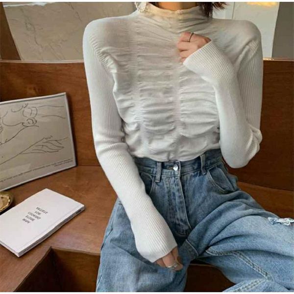 

autumn folds half high collar women's sweaters knitted long sleeve slim female pullovers solid streetwear casual ladies sweater, White;black